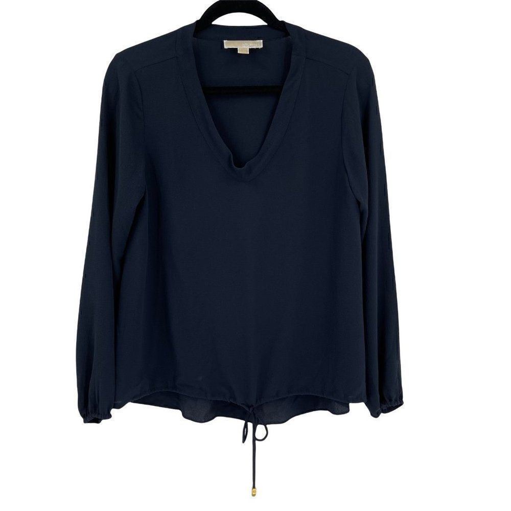 MICHAEL Michael Kors Navy Long Sleeve V-Neck Drawstring Blouse Women Small‎